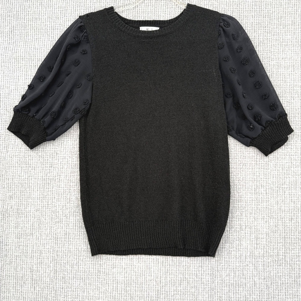 MINE Knit Top Sz S Puff Sleeve Sheer Polka Dot Blouse Black Sweater Whimsigoth